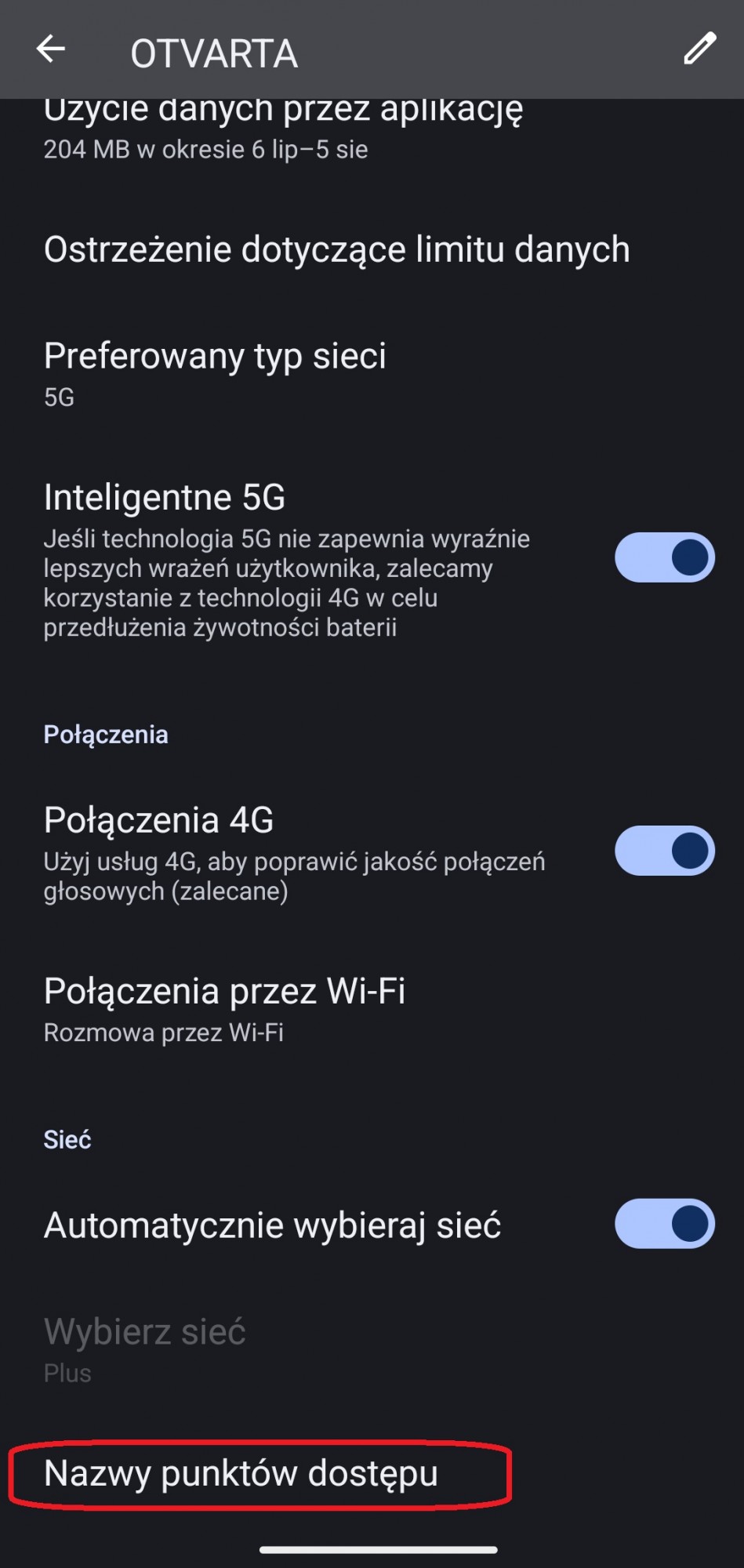 okno ustawień karty SIM z zaznaczoną opcją nazwy punktów dostępu