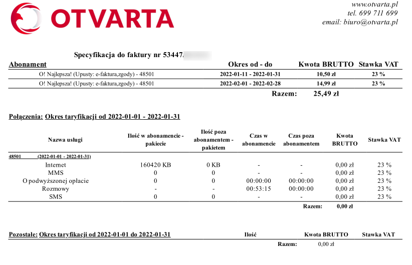 Specyfikacja faktury abonamentowej